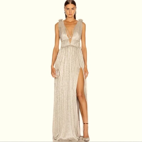 NWT Jonathan SIMKHAI Goddess Metallic Plisse Gown Champagne Large - Picture 1 of 14